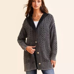 NWT BKE Cable Knit Hooded Cardigan Sweater - Washed Black